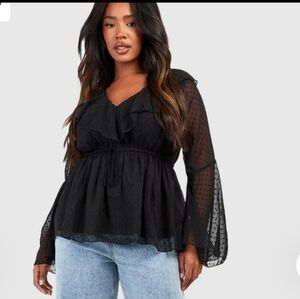 Boohoo Black Sheer Dobby Ruffle Flare Sleeves, Size 24